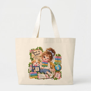 Cute Back to School Girl & Puppy Jumbo Tote Bag