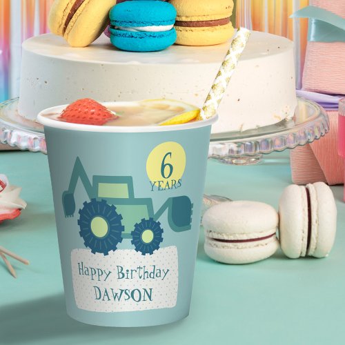 Cute Backhoe Teal Funny Excavator Digger Birthday Paper Cups