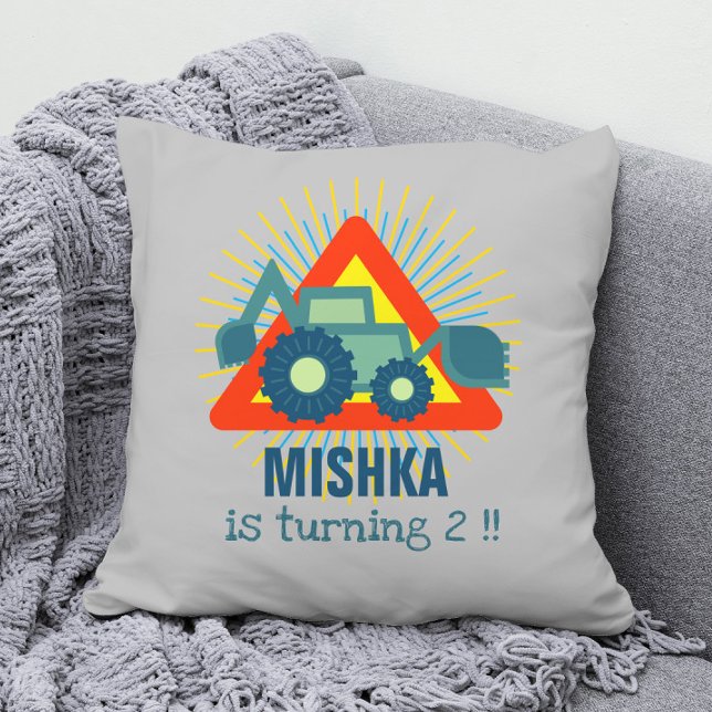Cute Backhoe, Turning 2 - Birthday Template - Name Throw Pillow (Creator Uploaded)