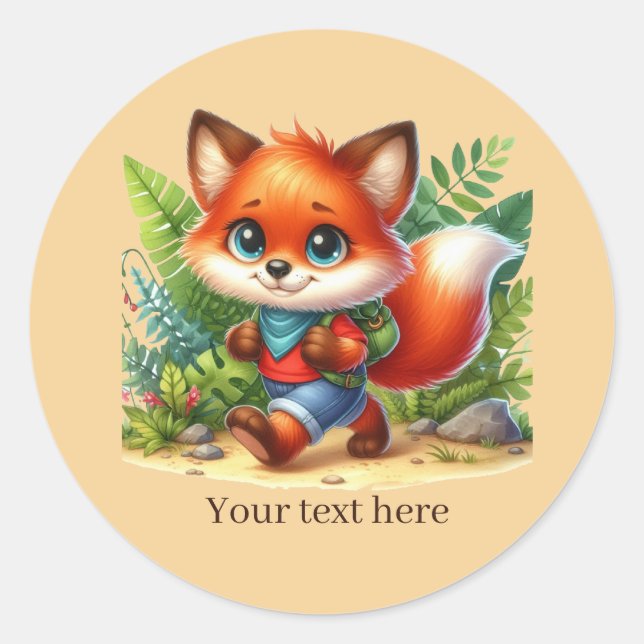 Cute backpacking fox customizable classic round sticker (Front)