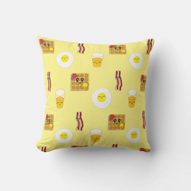 Cute Bacon, Eggs and Waffles Cartoon Throw Pillow (Front)
