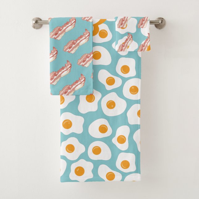 Cute Bacon & Eggs Pattern | Monogrammed Bath Towel Set (Insitu)