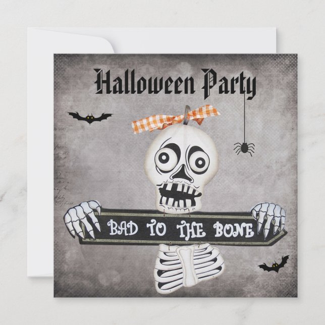 Cute Bad to the Bone Damask Halloween Party Invitation (Front)