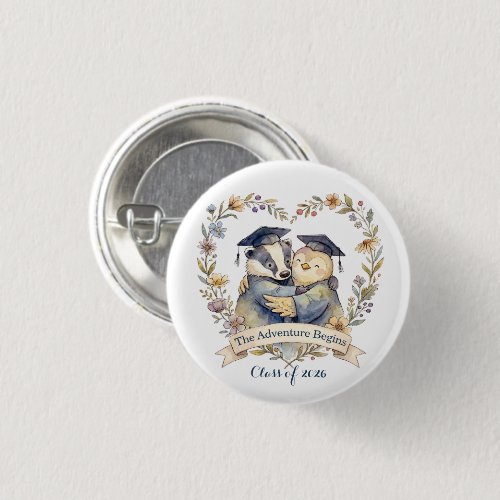 Cute Badger & Penguin Graduation Hug Personalized Button