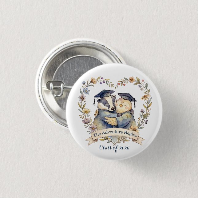 Cute Badger & Penguin Graduation Hug Personalized Button (Front & Back)