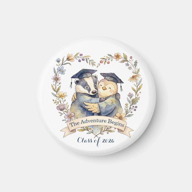 Cute Badger & Penguin Graduation Hug Personalized Magnet (Front)
