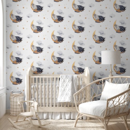 Cute Badger Sleeping on Moon with Blanket Nursery Wallpaper