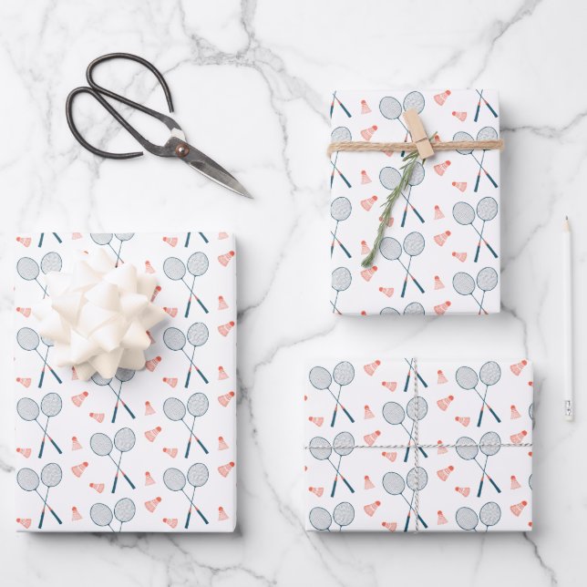 Cute Badminton Birdie Racquet Shuttlecock Retro Wrapping Paper Sheets (Front)