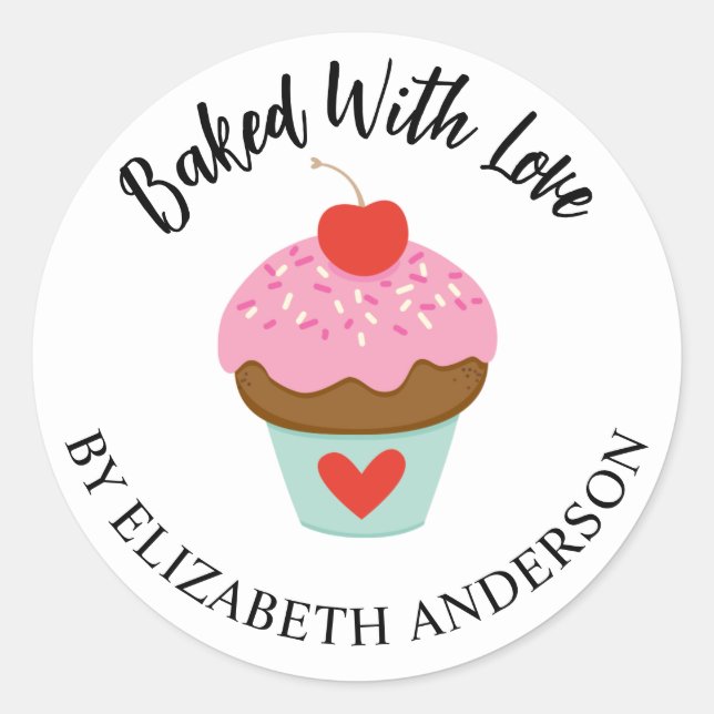 Cute Baked With Love Valentine Cupcake Sticker (Front)