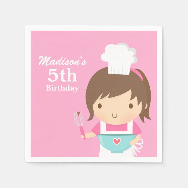 Cute Baker Chef Girl Cooking Baking Birthday Party Napkins (Front)