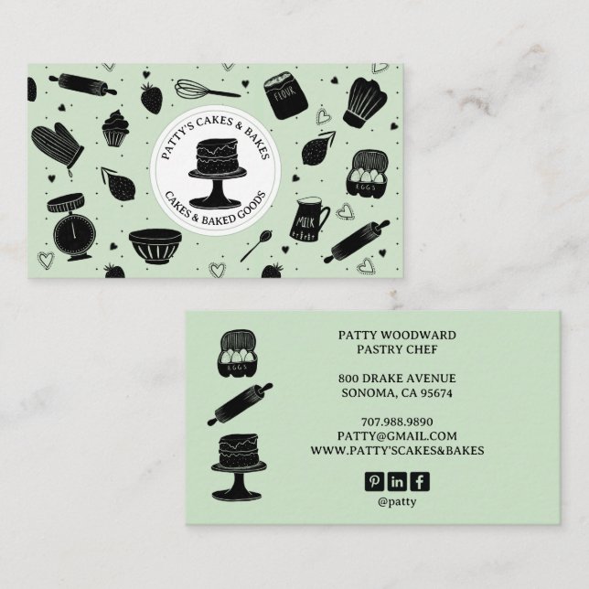 Cute Baker Pastry Chef Baking Utensils Black Green Business Card (Front/Back)