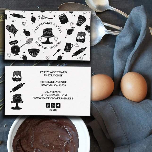 Cute Baker Pastry Chef Baking Utensils Black White Business Card (Creator Uploaded)