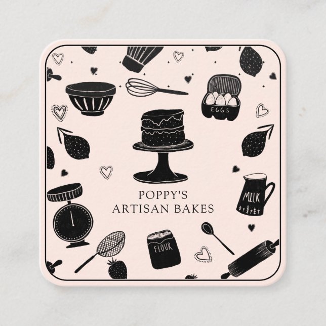 Cute Baker Pastry Chef Baking Utensils Pink Black Square Business Card (Front)