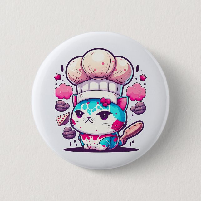 Cute Baker Pastry Chef Cat Kitten with Bread | Button (Front)