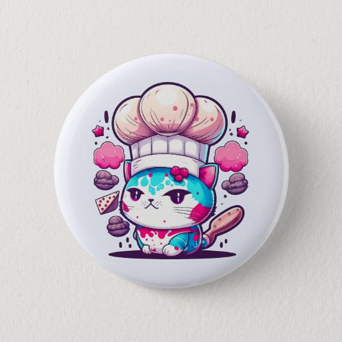 Cute Baker Pastry Chef Cat Kitten with Bread  Button