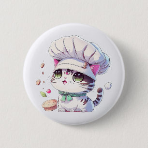 Cute Baker Pastry Chef Cat Kitten with Bread   Button