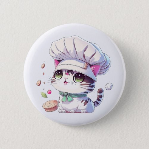 Cute Baker Pastry Chef Cat Kitten with Bread  Button