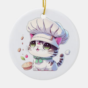 Cute Baker Pastry Chef Cat Kitten with Bread   Ceramic Ornament
