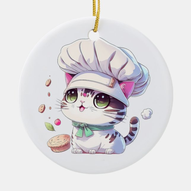 Cute Baker Pastry Chef Cat Kitten with Bread | Ceramic Ornament (Front)