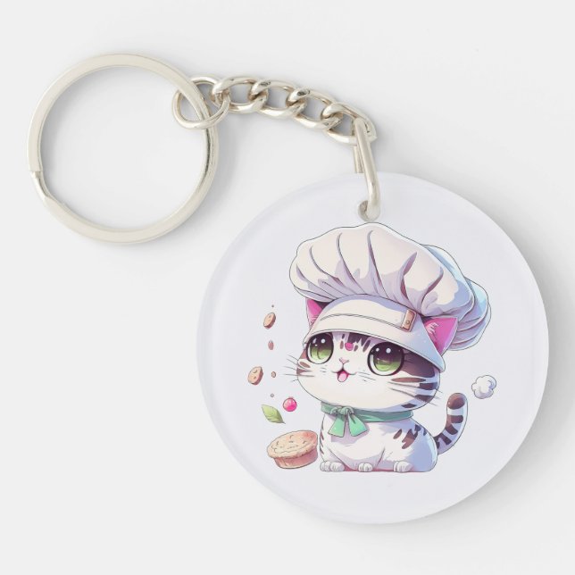 Cute Baker Pastry Chef Cat Kitten with Bread | Keychain (Front)
