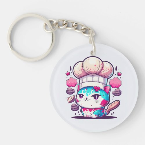 Cute Baker Pastry Chef Cat Kitten with Bread  Keychain