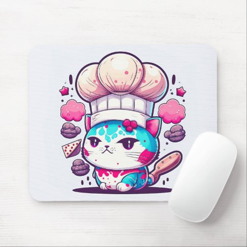 Cute Baker Pastry Chef Cat Kitten with Bread  Mouse Pad