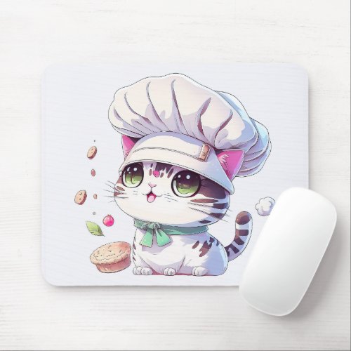 Cute Baker Pastry Chef Cat Kitten with Bread  Mouse Pad