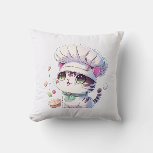 Cute Baker Pastry Chef Cat Kitten with Bread  Throw Pillow