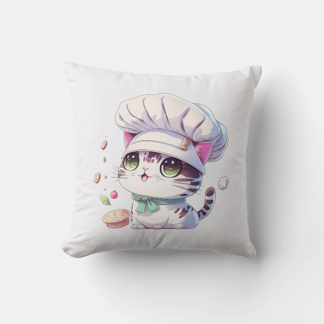 Cute Baker Pastry Chef Cat Kitten with Bread | Throw Pillow (Front)