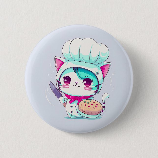 Cute Baker Pastry Chef Cat with Cake and Knife | Button (Front)