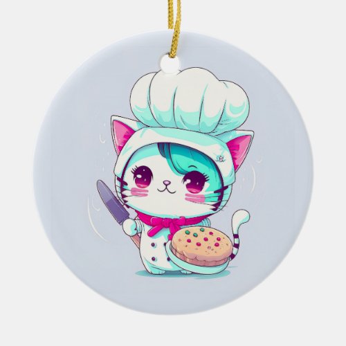 Cute Baker Pastry Chef Cat with Cake and Knife  Ceramic Ornament