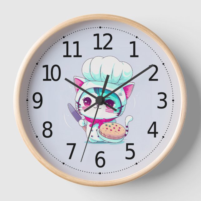 Cute Baker Pastry Chef Cat with Cake and Knife | Clock (Front)