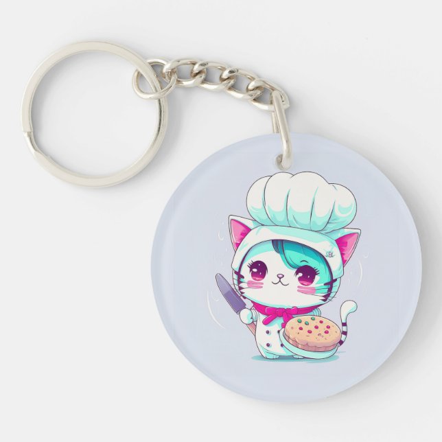 Cute Baker Pastry Chef Cat with Cake and Knife | Keychain (Front)