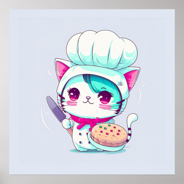 Cute Baker Pastry Chef Cat with Cake and Knife | Poster (Front)