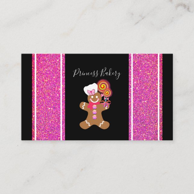 Cute Baker Pink Glitter Gingerbread Chef Baking Business Card (Front)