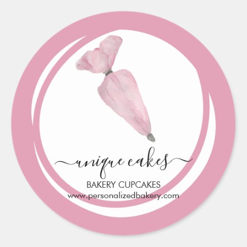 Cute Bakery Shop Pink Circle Pastry Bag Classic Round Sticker