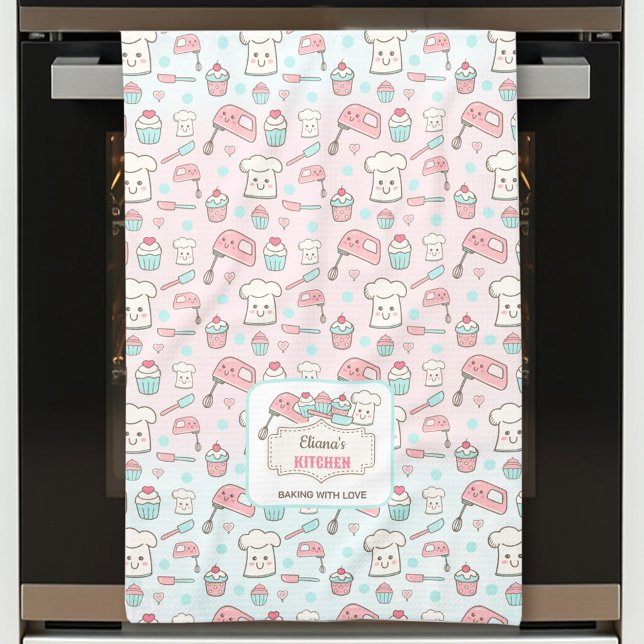 Cute Baking Pink Blue Cupcake Name Kitchen Towel (Cute Baking Pink Blue Cupcake Name Kitchen Towel)