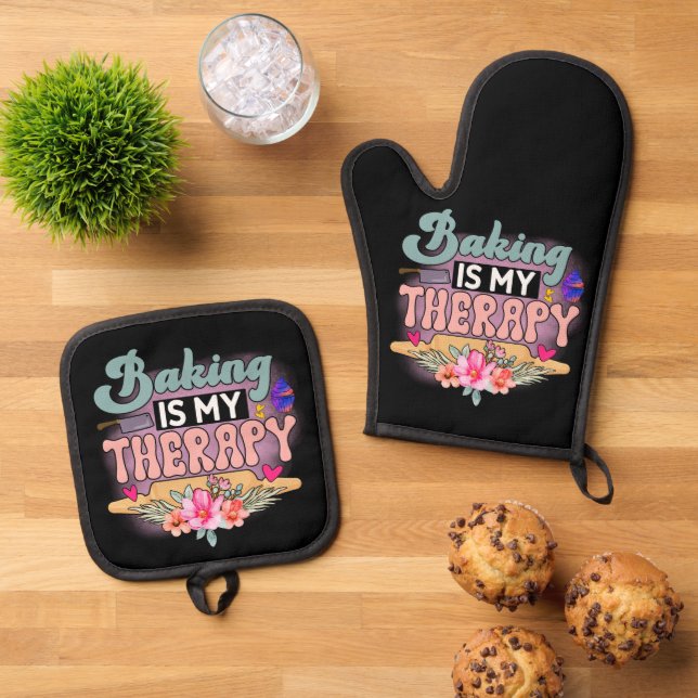 Cute baking therapy word art  oven mitt & pot holder set (Top Down)