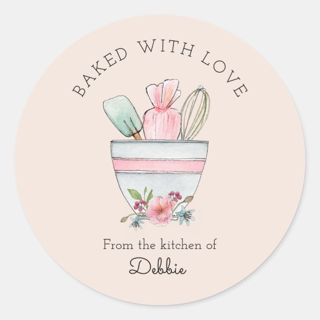 Cute Baking Utensils on Pink Classic Round Sticker (Front)