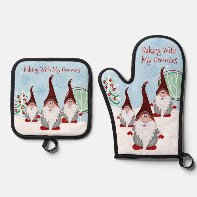 Cute Baking with my Gnomies Gnome Xmas Christmas Oven Mitt & Pot Holder Set (Front)