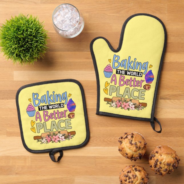 Cute baking world better place word art oven mitt & pot holder set (Top Down)