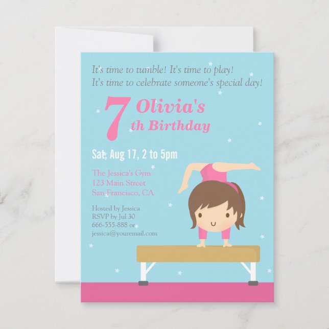Cute Balance Beam Gymnastics Girl Birthday Party Invitation (Front)