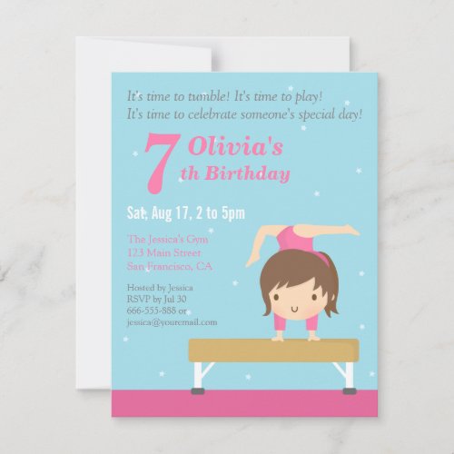 Cute Balance Beam Gymnastics Girl Birthday Party Invitation