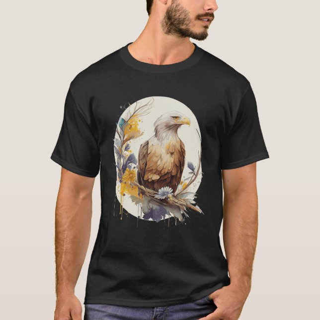 Cute Bald Eagle Sunflower Watercolor Bird T-Shirt (Front)