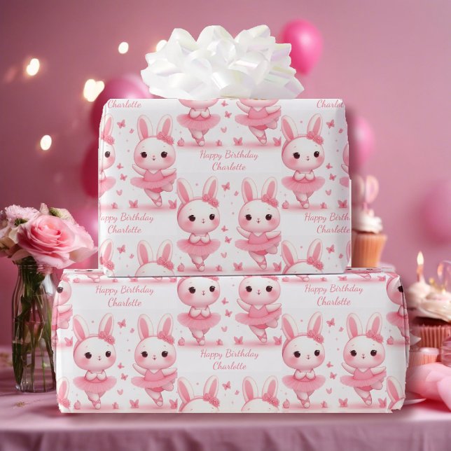 Cute Ballerina Bunnies Birthday Add Name Wrapping Paper (Creator Uploaded)