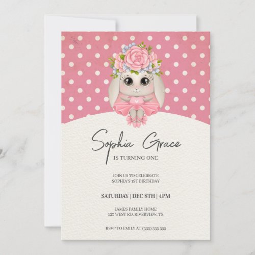 Cute Ballerina Bunny Baby Girl Birthday Invitation