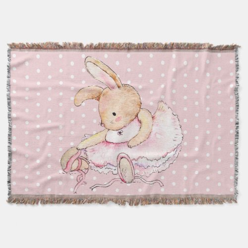 Cute Ballerina Bunny Rabbit Pink Tutu Polka Dots Throw Blanket