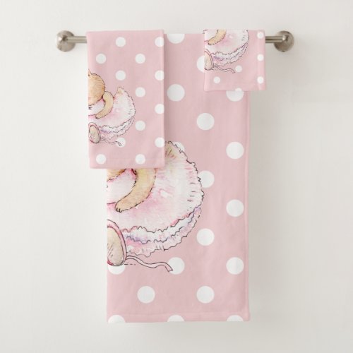 Cute Ballerina Bunny Rabbit Pink White Polka Dots  Bath Towel Set