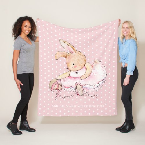 Cute Ballerina Bunny Rabbit Pink White Polka Dots Fleece Blanket