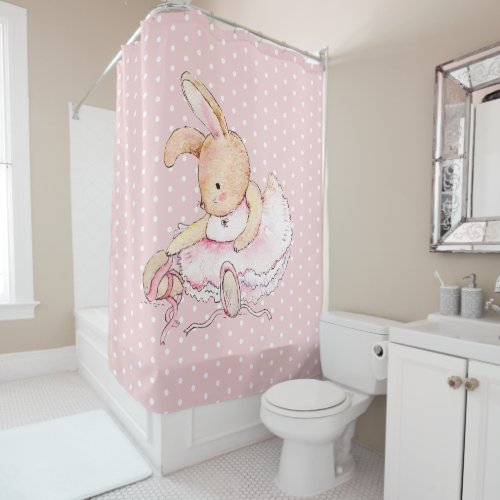 Cute Ballerina Bunny Rabbit Pink White Polka Dots Shower Curtain